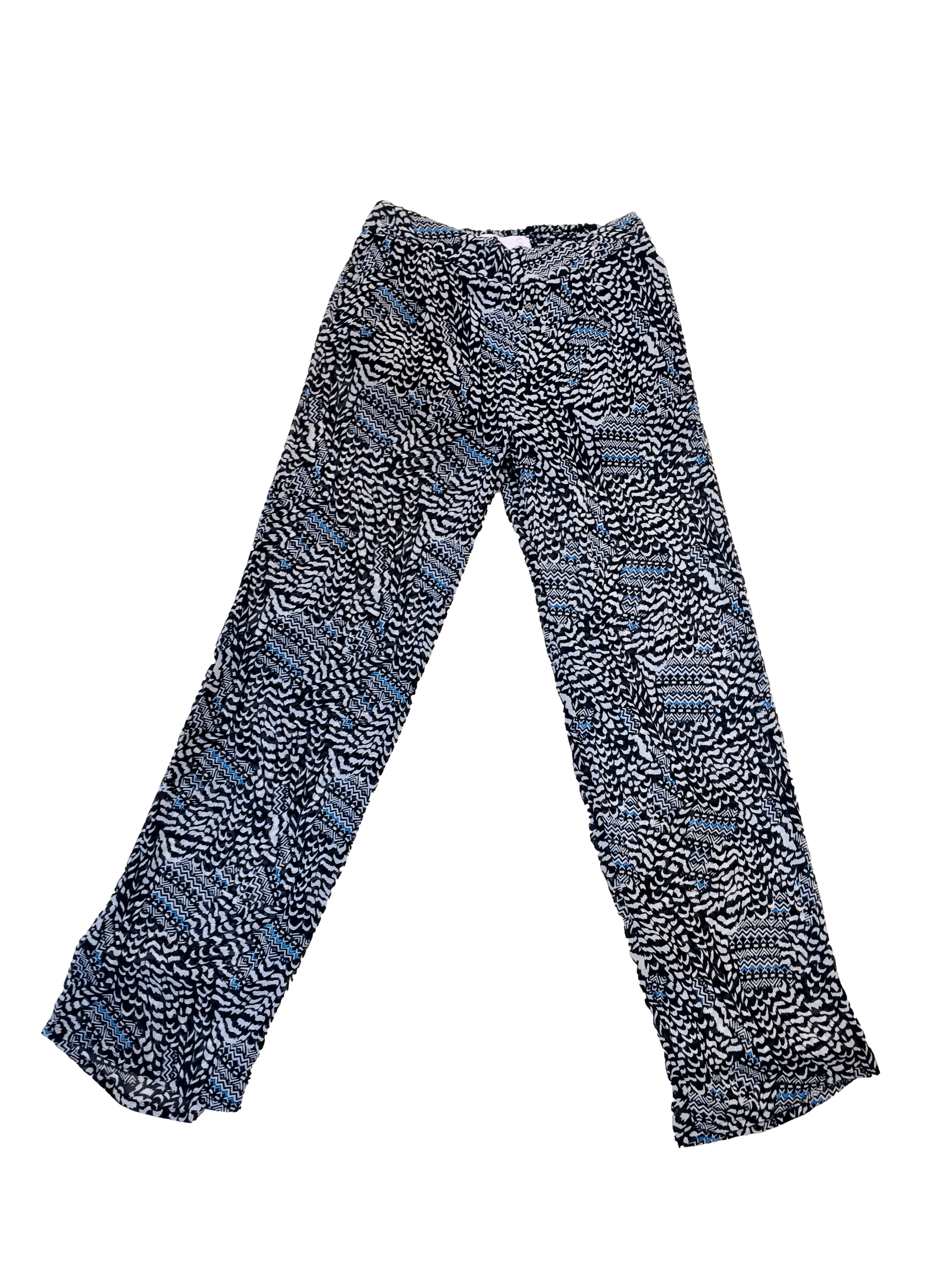 Pantalon index de gasa con estampado negro, gris y celeste, cintura elastica de panal de abeja, forro negro short.  Cintura: 70 cm. Tiro: 28 cm. Largo: 101 cm.